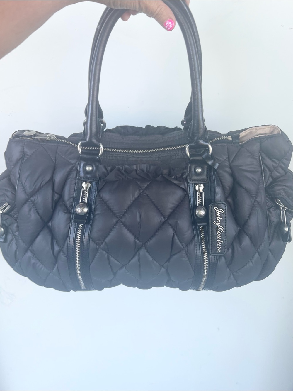 Vintage Y2K Juicy Couture Large Black Quilted Puffer Leather Trim satchel